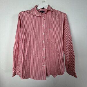 Faconnable Mens Red & White Striped Button-Up Long Sleeve Cotton Shirt Medium